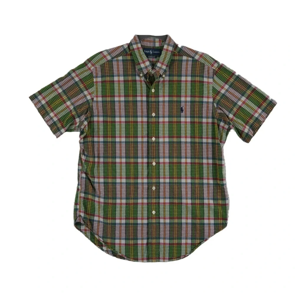 Ralph Lauren Green Plaid Button Down Shirt Men's Size Large Pony 100% Cotton S/S